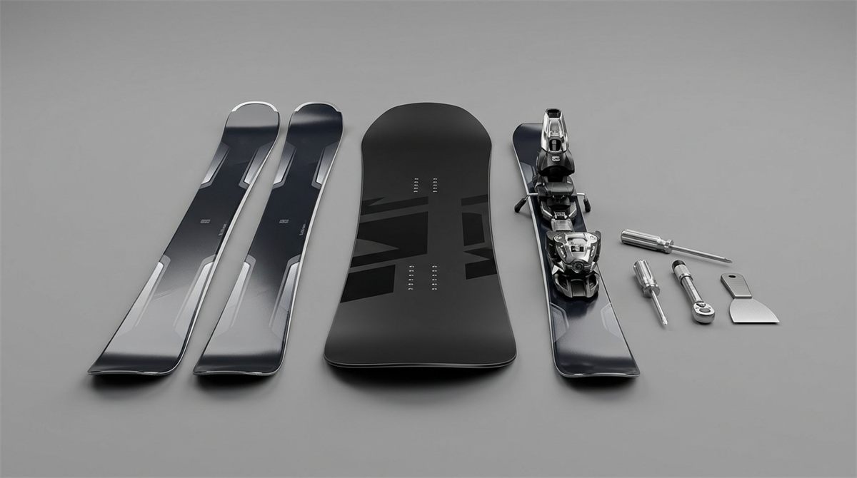 Nové lyže a snowboard s nářadím na montáž vázání